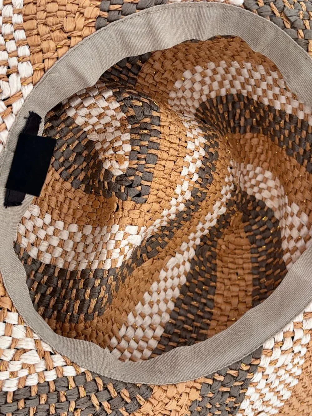 Mark. Wide Brim Straw Sun Hat Tan Brown Woven Stripe Beach Boho Chic